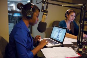 Students Nickelle Smith and Stephanie Denardo in the radio booth.